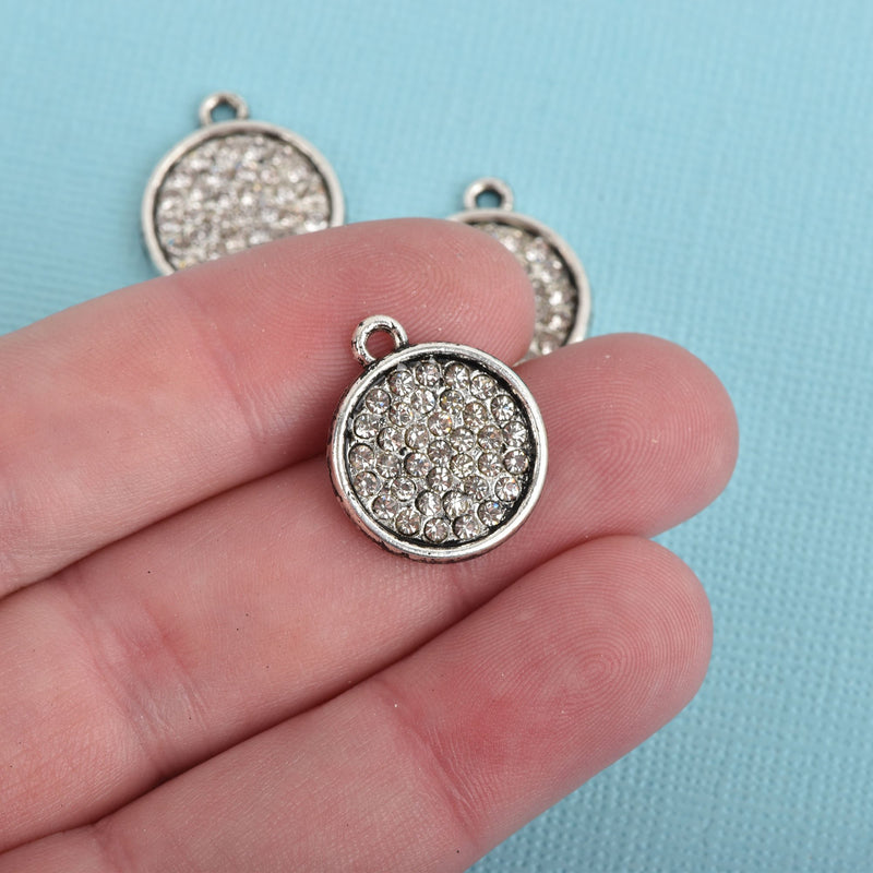 4 Silver Rhinestone Drop Charms, 16mm round coin charm rhinestones embedded in center, chs3513