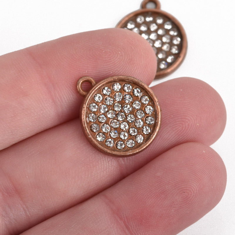 4 Copper Rhinestone Drop Charms, 16mm round coin charm rhinestones embedded in center, chs3514