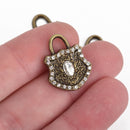 4 Bronze Rhinestone Lock Charms, clear rhinestones embedded, 22x17mm, chs3515