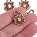 4 Copper Rhinestone Lock Charms, clear rhinestones embedded, 22x17mm, chs3516
