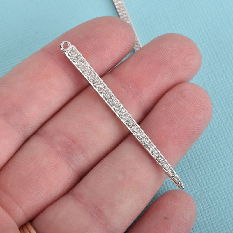 1 Silver Spike Charm Pendant, Micro Pave Cubic Zirconia Crystals, Rhinestone with Silver Brass Metal, 2-1/4", chs3535