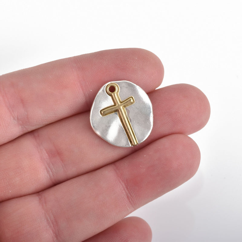5 MATTE Silver Coin Relic Charms, Matte Silver Satin Coin with Gold Cross, round coin charms, 21x19mm, chs3536