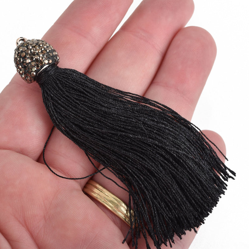 BLACK Tassel Pendant, Tassel Necklace Enhancer, Rayon Fibers, Lt Gold Loop, Pave' Rhinestone Bail, about 3-1/4" long, chs3537