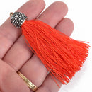RED Tassel Pendant, Tassel Necklace Enhancer, Rayon Fibers, Lt Gold Loop, Pave' Rhinestone Bail, about 3-1/4" long, chs3540