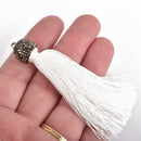 WHITE Tassel Pendant, Tassel Necklace Enhancer, Rayon Fibers, Lt Gold Loop, Pave' Rhinestone Bail, about 3-1/4" long, chs3543
