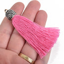 ROSE PINK Tassel Pendant, Tassel Necklace Enhancer, Rayon Fibers, Lt Gold Loop, Pave' Rhinestone Bail, about 3-1/4" long, chs3544