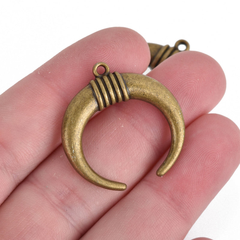 5 Bronze Double Horn Charms, Crescent Horn, Half Moon Charms, 30mm (1-1/4"), chs3545