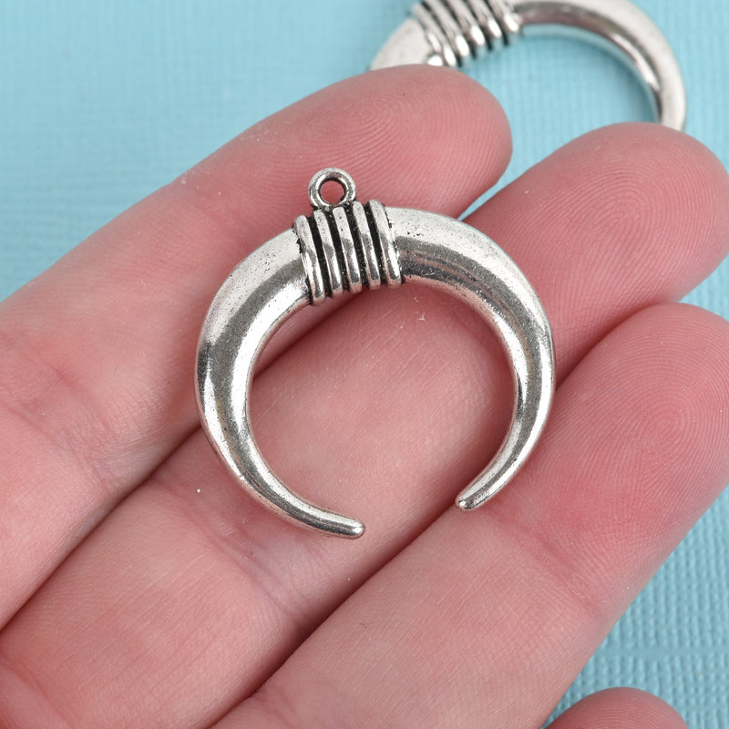 5 Silver Double Horn Charms, Crescent Horn, Half Moon Charms, 30mm (1-1/4"), chs3546