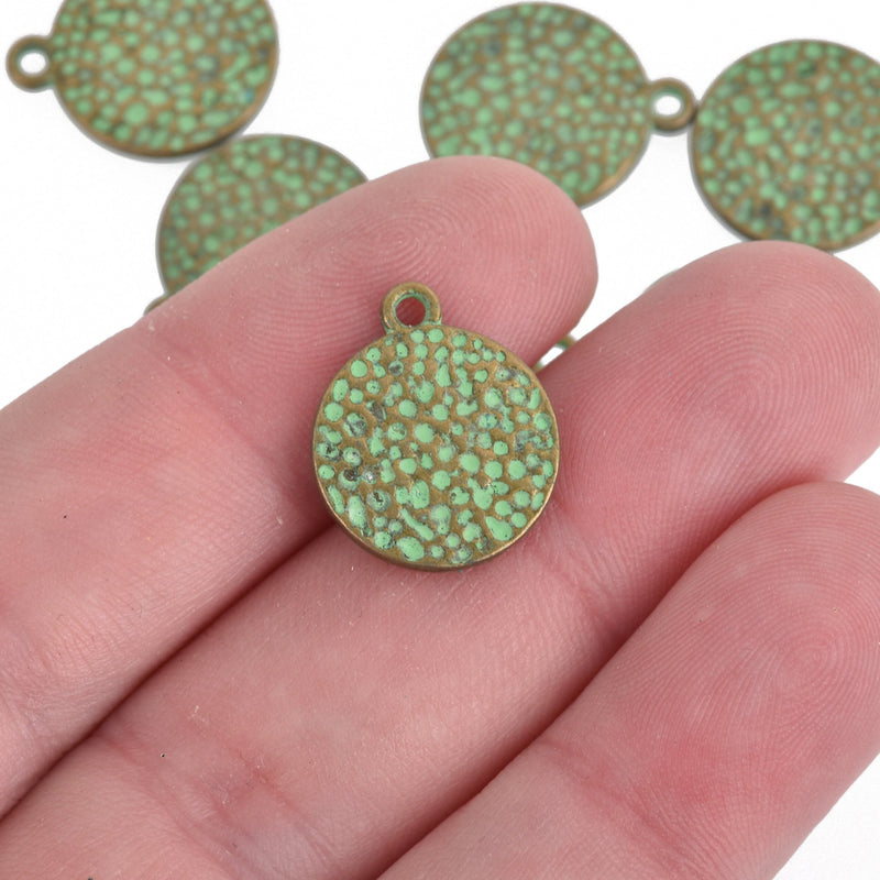 10 BRONZE Hammered Metal Coin Sequin Charms, Green Verdigris Patina, Round Dot Charms, double sided design, 15mm (5/8"), chs3549