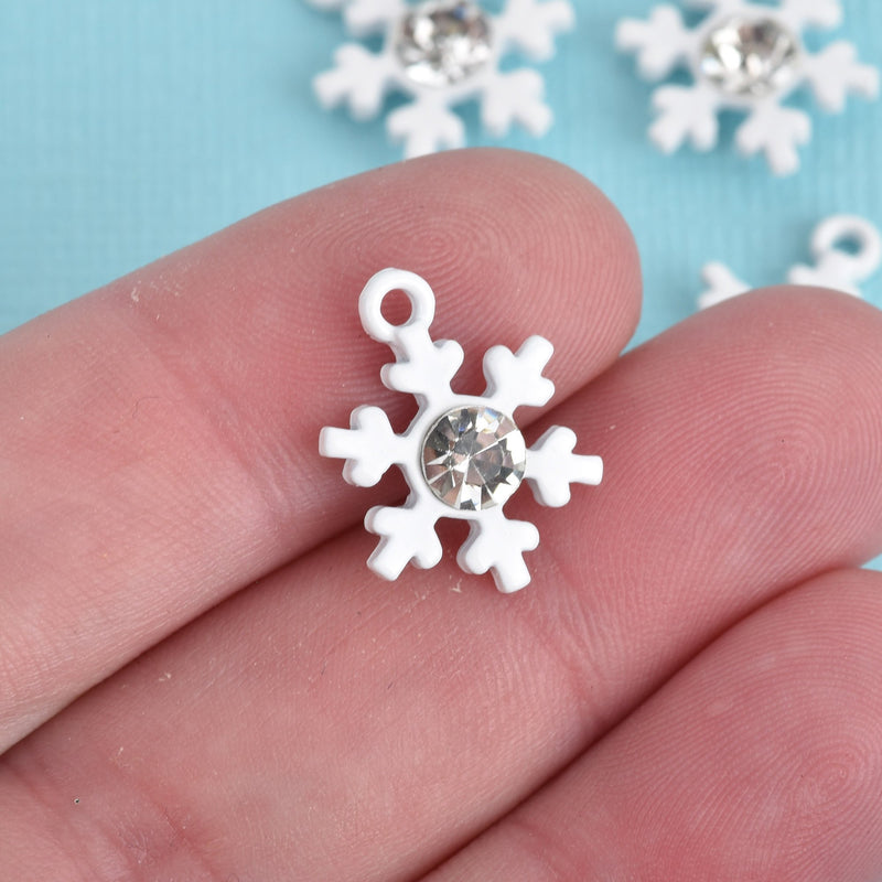 10 WHITE Enamel Rhinestone SNOWFLAKE Charm Pendants, 18x14mm, chs3553