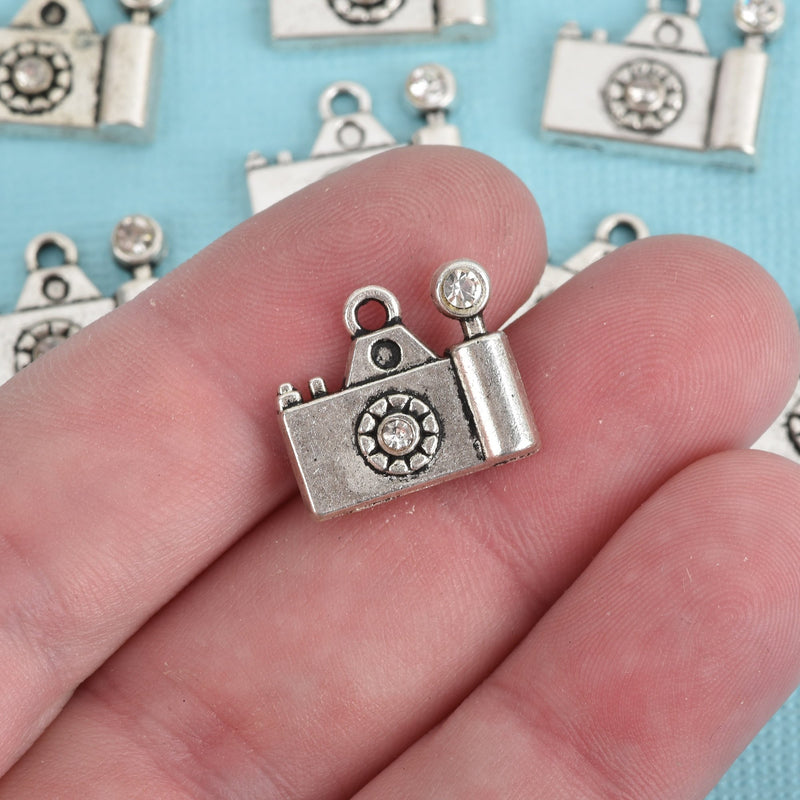 10 Silver CAMERA Charms, Rhinestone Accents, 16x14mm, chs3558