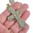 1 Large CROSS Charm Pendant, light gold with blue green verdigris patina, floral design, 2.75" long, chs3560
