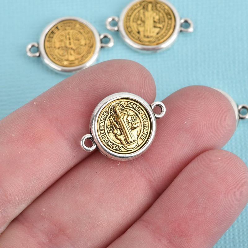 5 Religious Medal Charms Connector Links, Gold and Silver Relic Charm Pendants, double sided Patron Saint charms, 21x14mm, chs3561