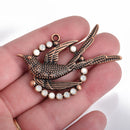 1 Copper BIRD Charm, White Opal Rhinestone Crystals, 2.25" long, chs3562