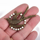 1 Bronze BIRD Charm, White Opal Rhinestone Crystals, 2.25" long, chs3565