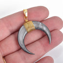 Gray Double Horn Charm Pendant, Crescent Horn, Gold Wire Wrap, Upside Down Moon, Dyed Mother-of-Pearl Shell, 35mm (1-3/8"), chs3569