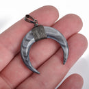 Gray Double Horn Charm Pendant, Crescent Horn, Black Wire Wrap, Upside Down Moon, Dyed Mother-of-Pearl Shell, 35mm (1-3/8"), chs3571