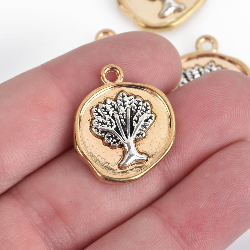 5 Gold Coin Charms, Gold Coin with Silver Tree, Tree of Life Charms, round coin charms, 24x20mm, chs3575