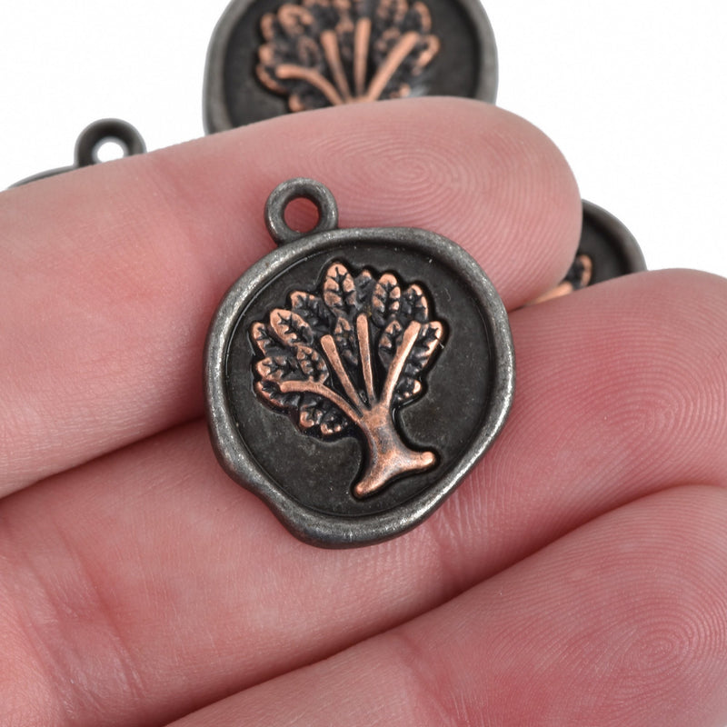 5 Gunmetal Copper Coin Charms, Gunmetal Coin with Copper Tree, Tree of Life Charms, round coin charms, 24x20mm, chs3576