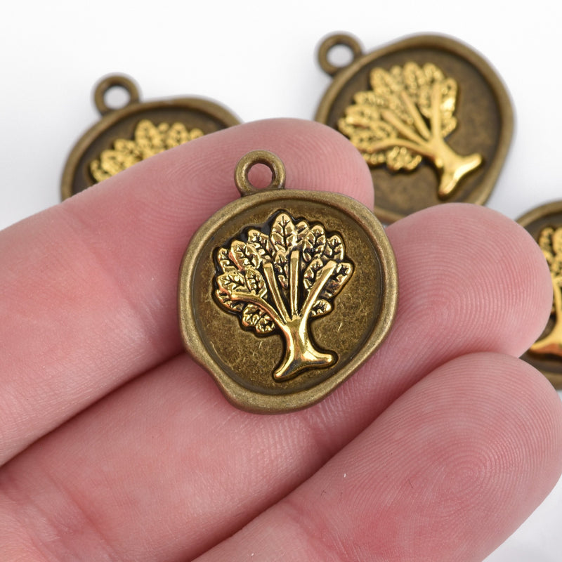 5 Coin Charms, Bronze Coin with Gold Tree, Tree of Life Charms, round coin charms, 24x20mm, chs3578