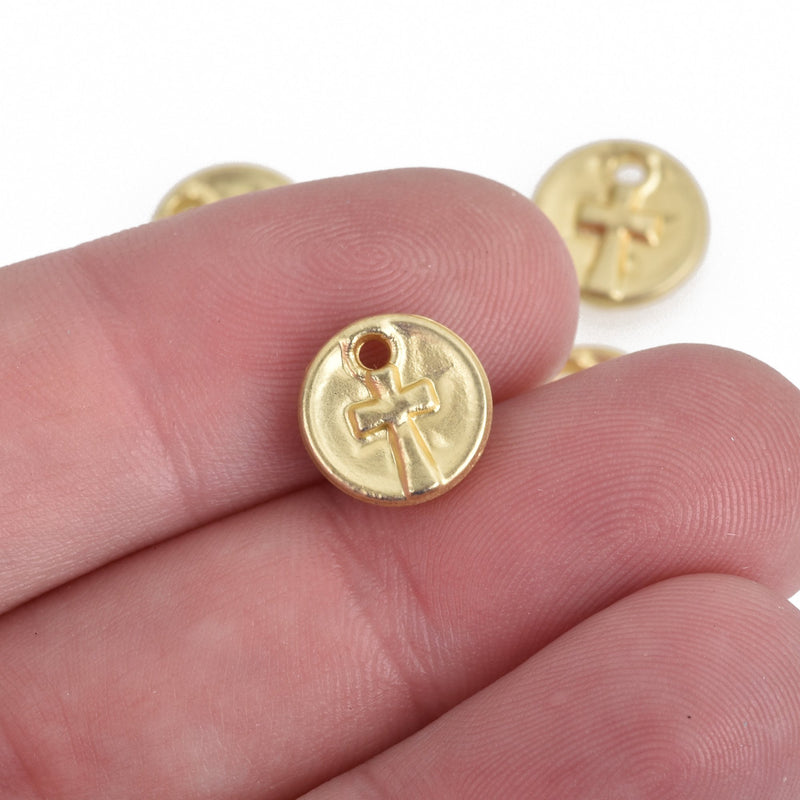 10 MATTE Gold CROSS Dot Charms, relic charms, round coin charms, 10mm, chs3580