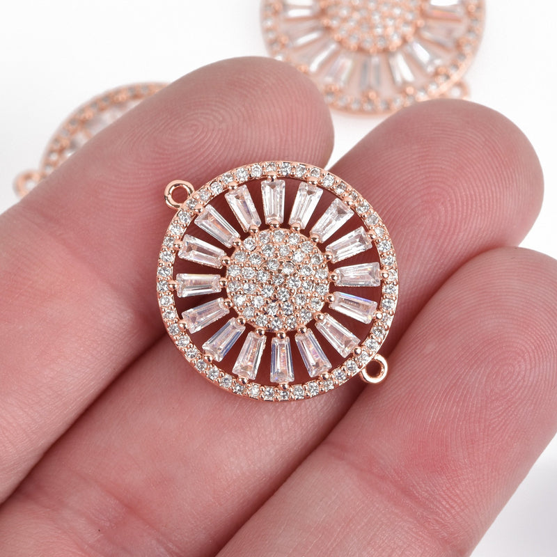 Rose Gold Round Charm, Micro Pave Cubic Zirconia Crystals, Rhinestone 2-hole Connector Link, 25x21mm, chs3586