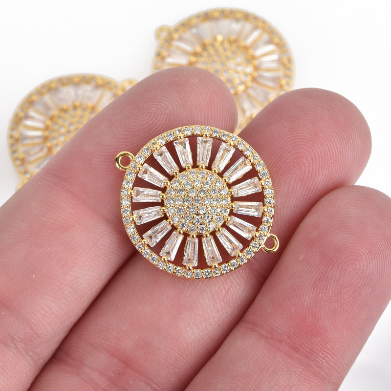 Gold Round Charm, Micro Pave Cubic Zirconia Crystals, Rhinestone 2-hole Connector Link, 25x21mm, chs3588