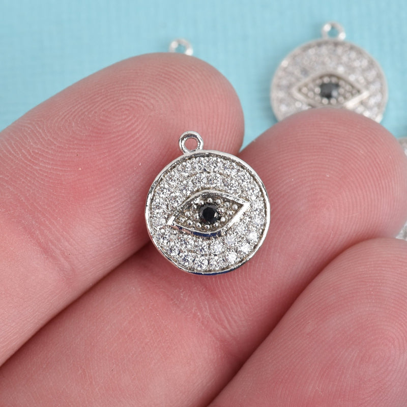 Silver Evil Eye Charm, Hand-Set Cubic Zirconia Rhinestones, Lucky Eye Charm, 12mm (1/2"), chs3589