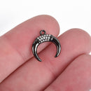BLACK Double Horn Charm with Rhinestones, Crescent Horn, Pavé Pendant, Upside Down Moon, 15mm (5/8") chs3592