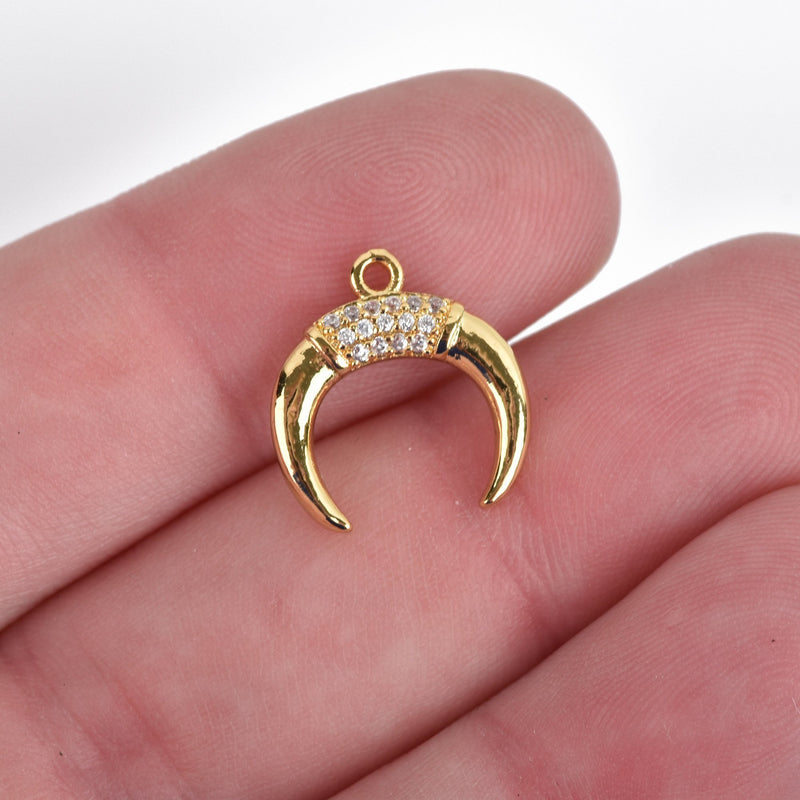 Gold Double Horn Charm with Rhinestones, Crescent Horn, Pavé Pendant, Upside Down Moon, 15mm (5/8") chs3594