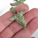 2 Bronze Metal Longhorn BULL COW SKULL Charms or Pendants, Green Verdigris Patina, Steer Skull Pendant, 42x30mm, chs3596