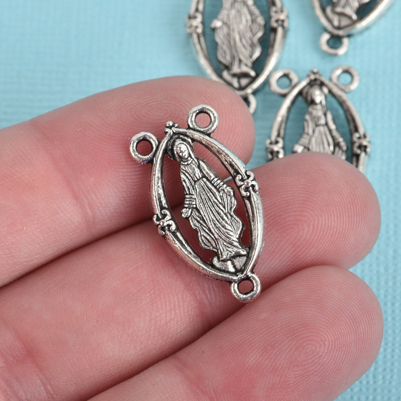 5 Silver Rosary Tri-Piece Jewelry Connector Link, Oval Patron Saint Charms, Multi Strand Necklaces, 24mm, chs3601