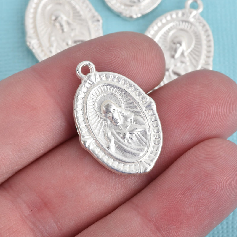 5 MATTE Silver RELIGIOUS MEDAL Pendant Charms, Oval Patron Saint Charms, Virgin Mary rosary charms, 26mm, chs3606