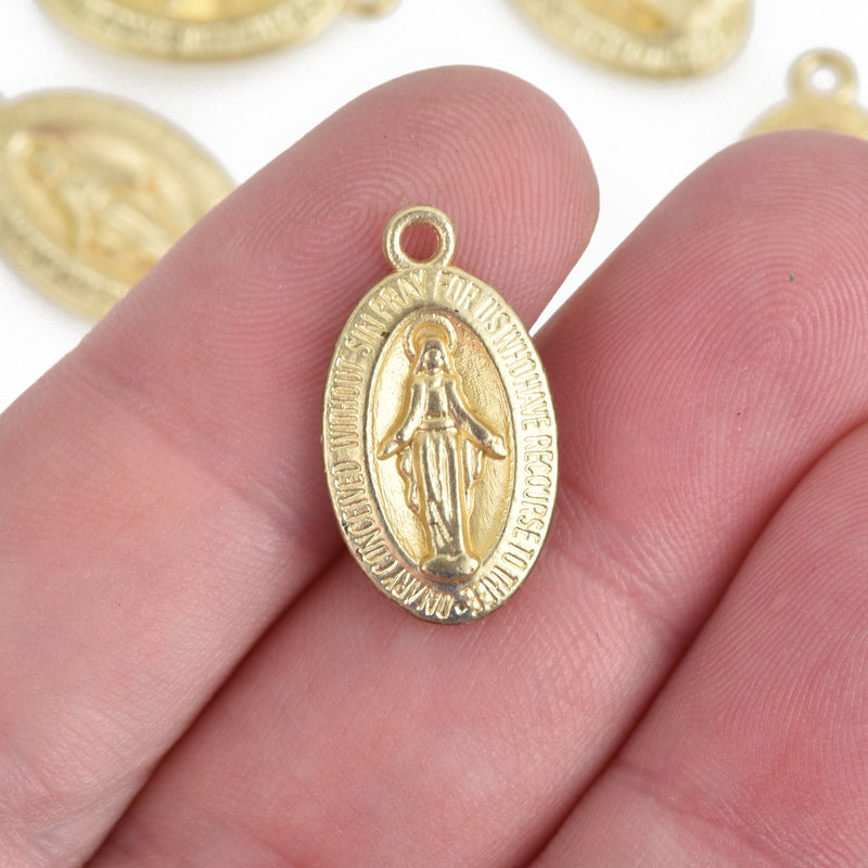 5 MATTE Gold RELIGIOUS MEDAL Pendant Charms, Oval Patron Saint Charms, Virgin Mary rosary charms, 22mm, chs3607