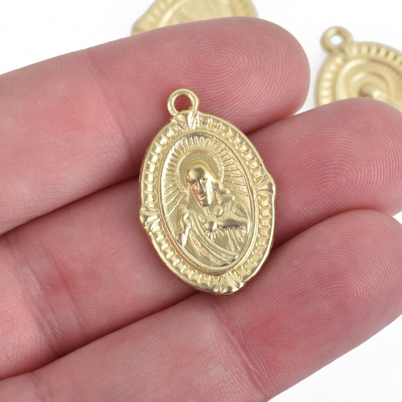 5 MATTE Gold RELIGIOUS MEDAL Pendant Charms, Oval Patron Saint Charms, Virgin Mary rosary charms, 26mm, chs3608