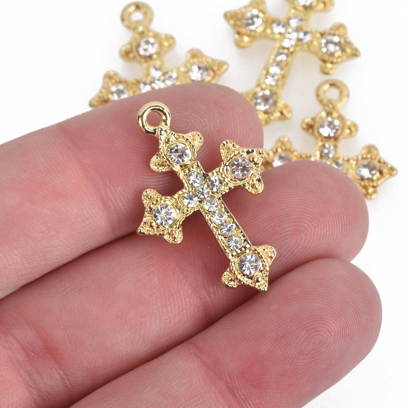 2 Gold Rhinestone Cross Charms, Gold Plated Metal and Clear Crystals, 30mm, chs3609