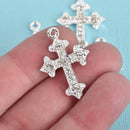 2 Silver Rhinestone Cross Charms, Silver Plated Metal and Clear Crystals, 30mm, chs3610