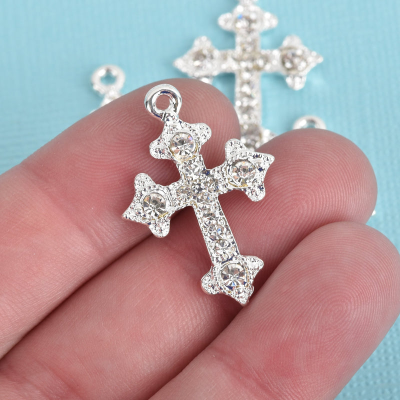 2 Silver Rhinestone Cross Charms, Silver Plated Metal and Clear Crystals, 30mm, chs3610