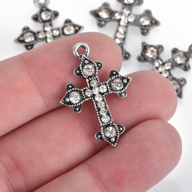 2 Gunmetal Rhinestone Cross Charms, Black Plated Metal and Clear Crystals, 30mm, chs3611