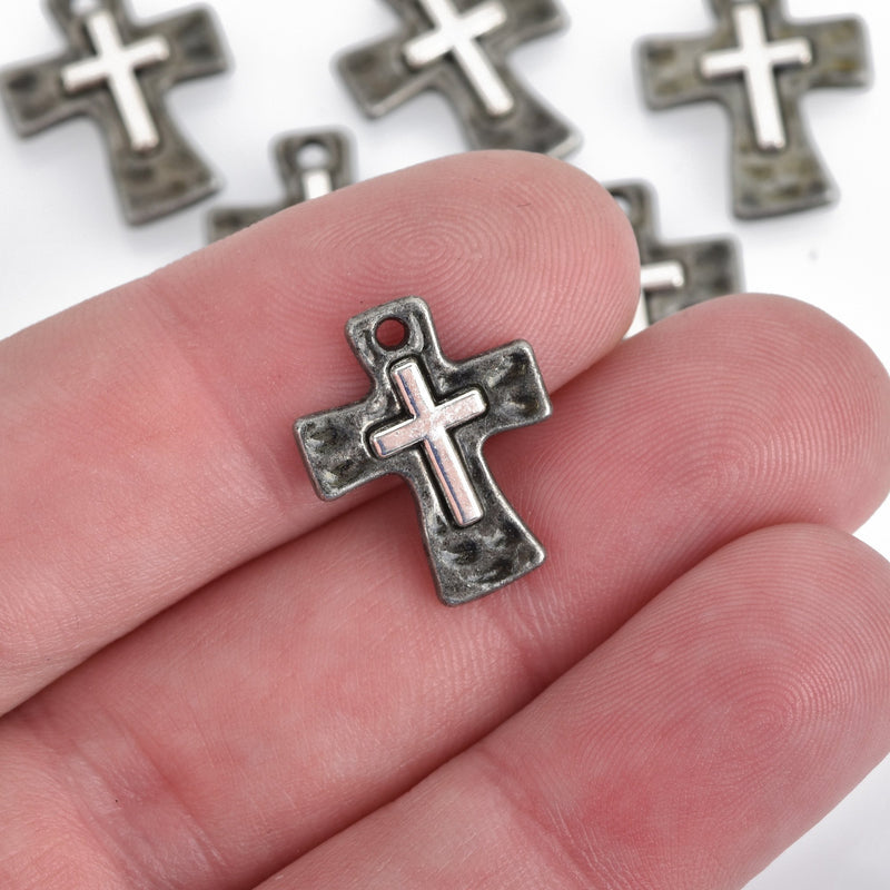 5 Gunmetal Cross Relic Charms, Gunmetal Hammered Cross with Silver Cross, 17mm, chs3612