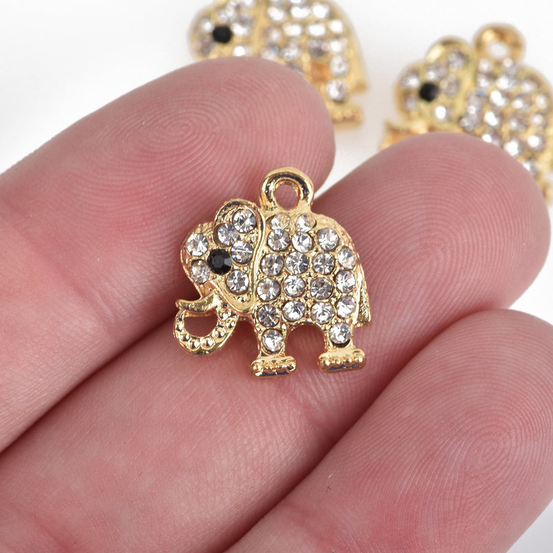 2 Gold Rhinestone Elephant Charms, 17mm, chs3614