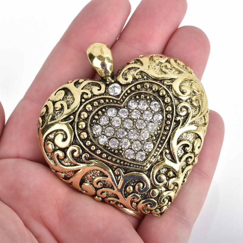 1 Large Gold Rhinestone Heart Pendant, Magnetic Bail, Necklace Enhancer, 2.5", chs3616