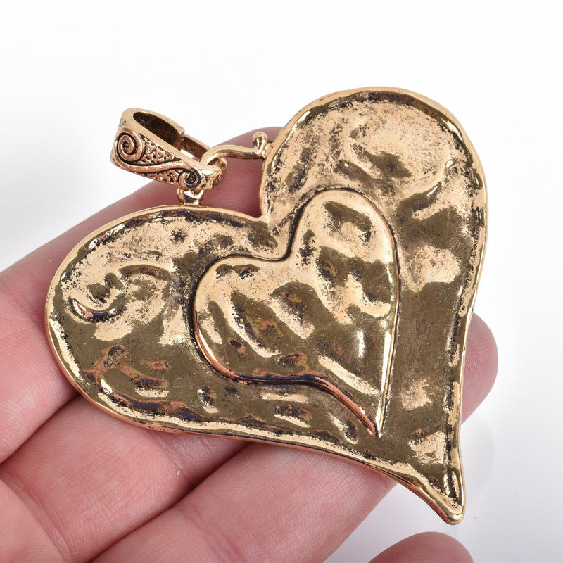 1 GOLD HEART Pendant, hammered metal, layered gold brass metal, 74x64mm, 2-1/2" wide, chs3617