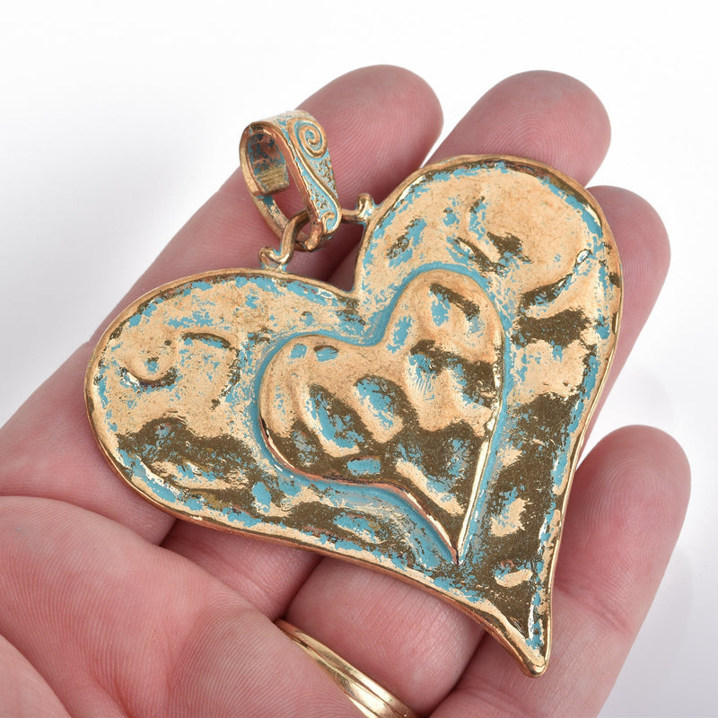 1 GOLD HEART Pendant, green verdigris patina, hammered metal, layered gold brass metal, 74x64mm, 2-1/2" wide, chs3618