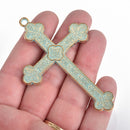 2 Large Antique Gold Ornate Cross Pendants, green verdigris patina, 3", chs3619