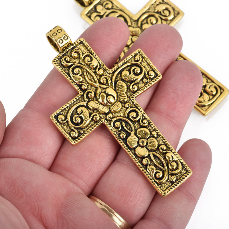 2 Large CROSS Charm Pendants, antiqued gold, floral design, 3" long, chs3620
