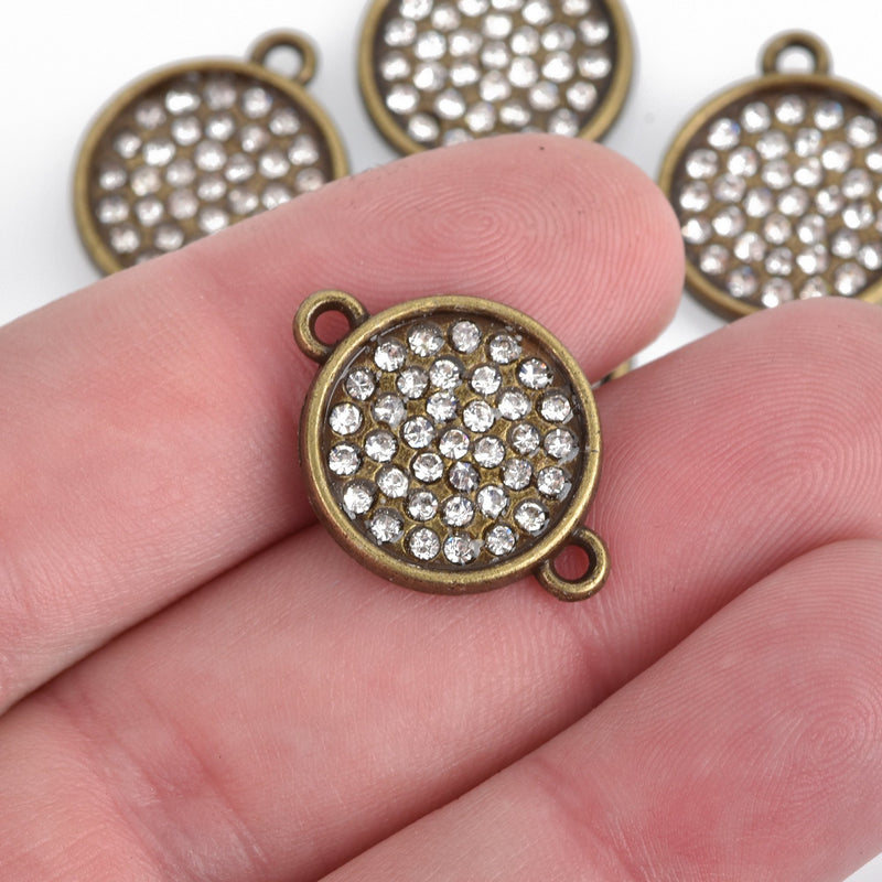 4 Bronze  Rhinestone Drop Charms, 2-hole connector links, 16mm round coin charm rhinestones embedded in center, chs3621