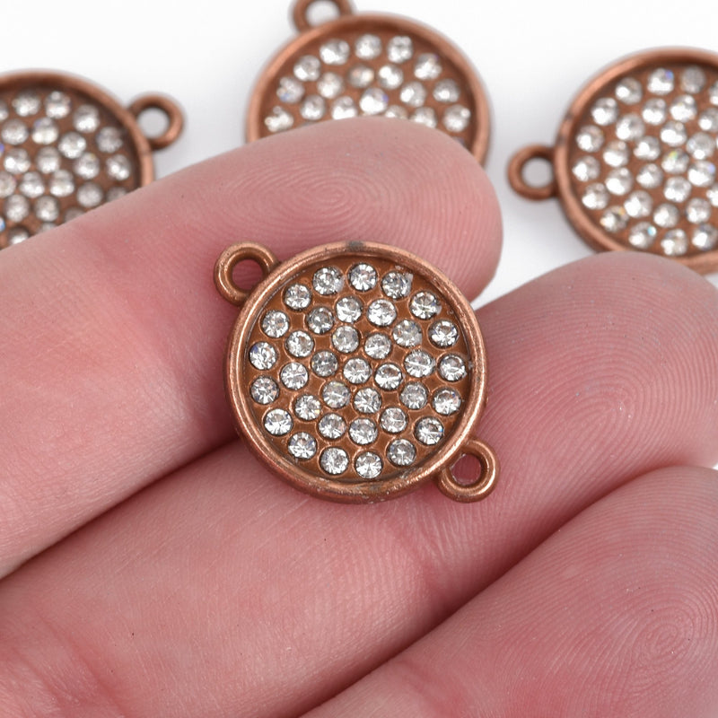 4 Copper Rhinestone Drop Charms, 2-hole connector links, 16mm round coin charm rhinestones embedded in center, chs3622