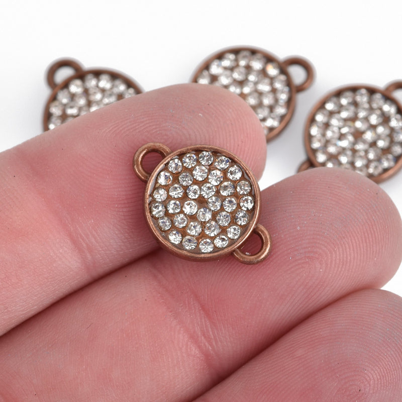 4 Copper Rhinestone Drop Charms, 2-hole connector links, 13mm round coin charm rhinestones embedded in center, chs3623