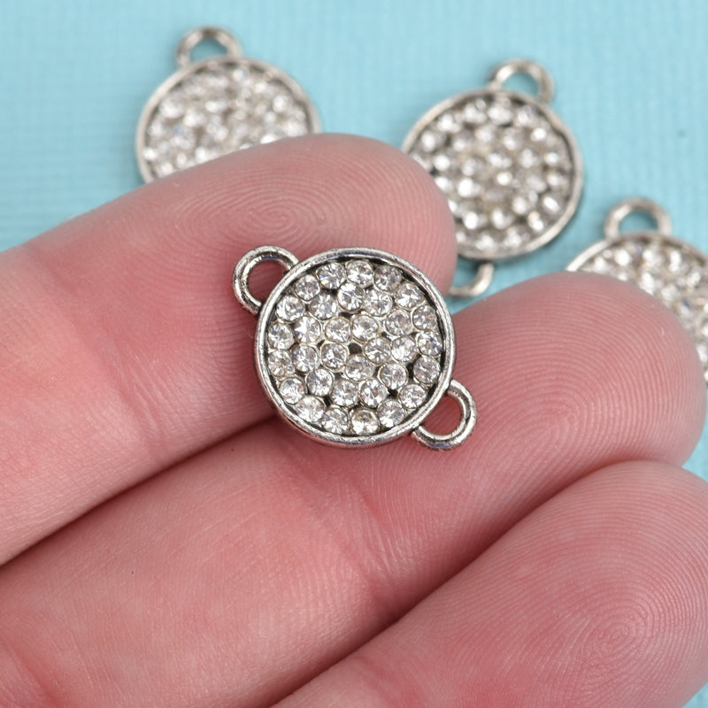 4 Silver Rhinestone Drop Charms, 2-hole connector links, 13mm round coin charm rhinestones embedded in center, chs3624